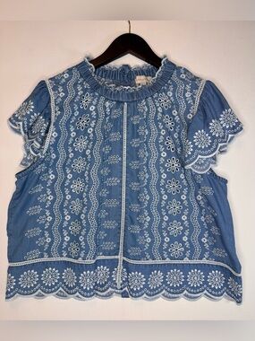 Jennifer & Grace Blue & White Daisy Print Eyelet Cottagecore Boho Blouse Sz XL